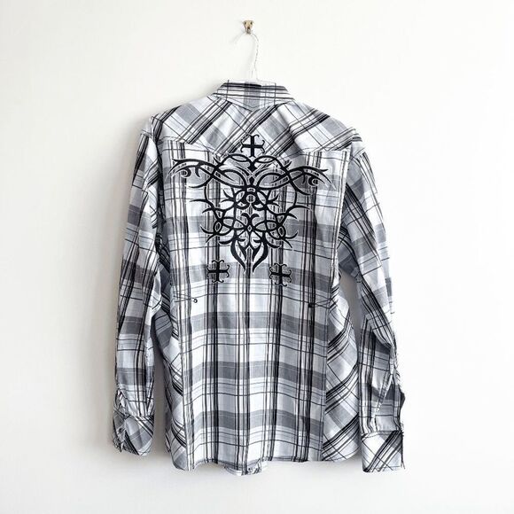 Panhandle Slim Mens Western Snap Up Shirt Long Sleeve Plaid Black White Large - Picture 2 of 7